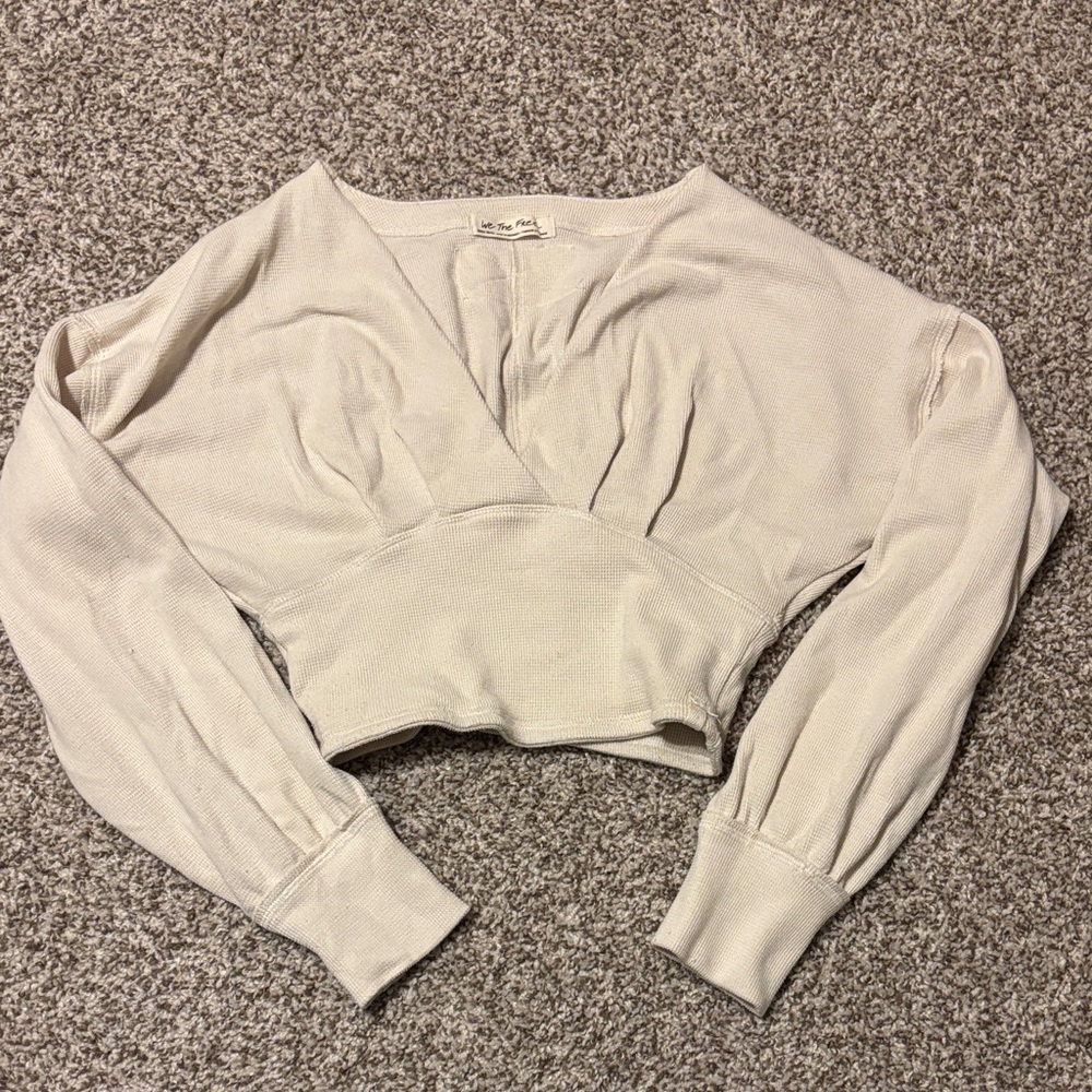 Free People Cream Cropped V-Neck Ribbed Top